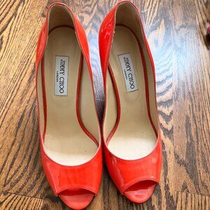 Jimmy Choo Red Patent Leather Peep-Toe Heels | Classic Pumps